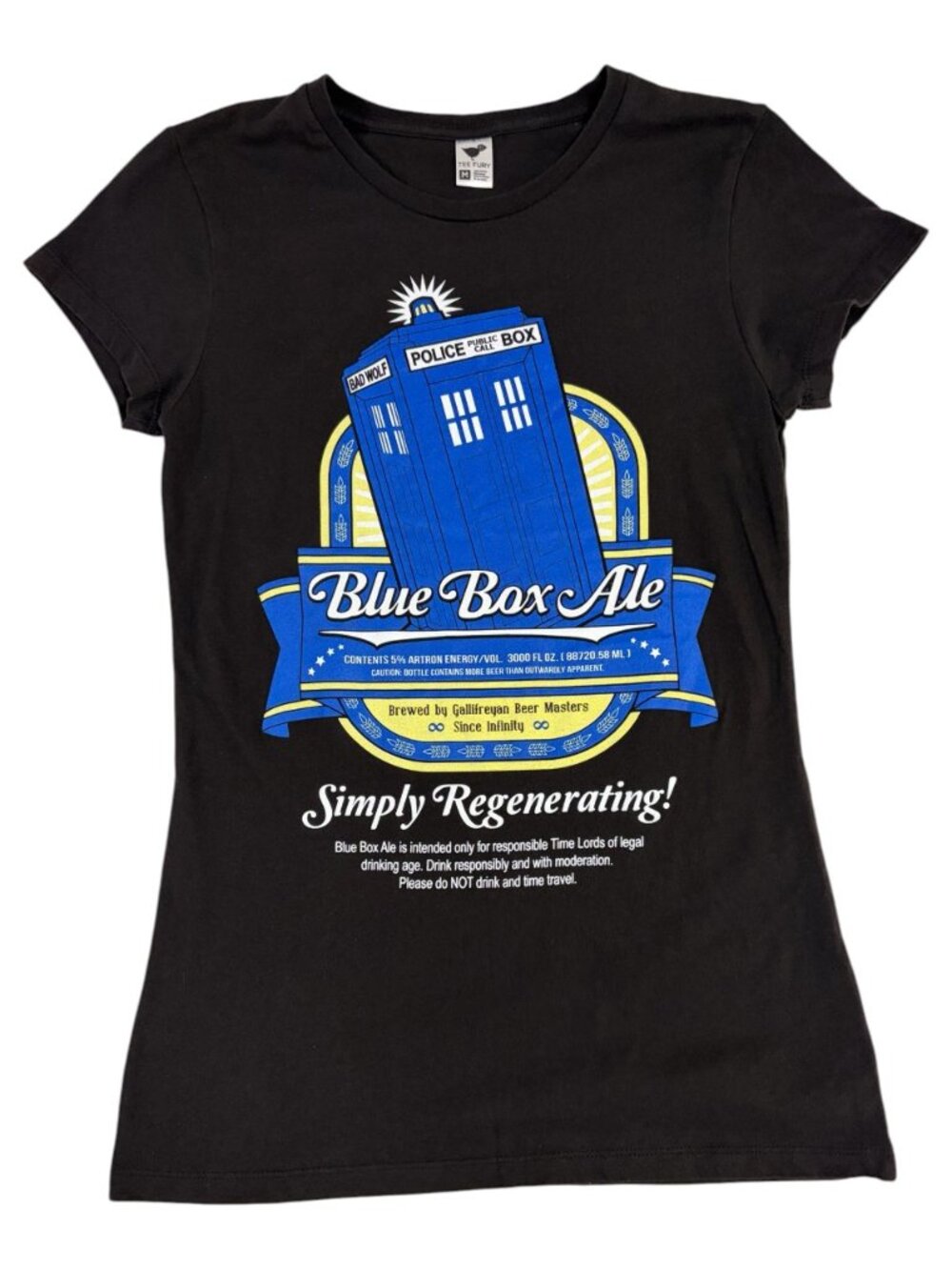 Dr. Who Blue Box Ale Novelty T-Shirt Black Cotton Size Medium